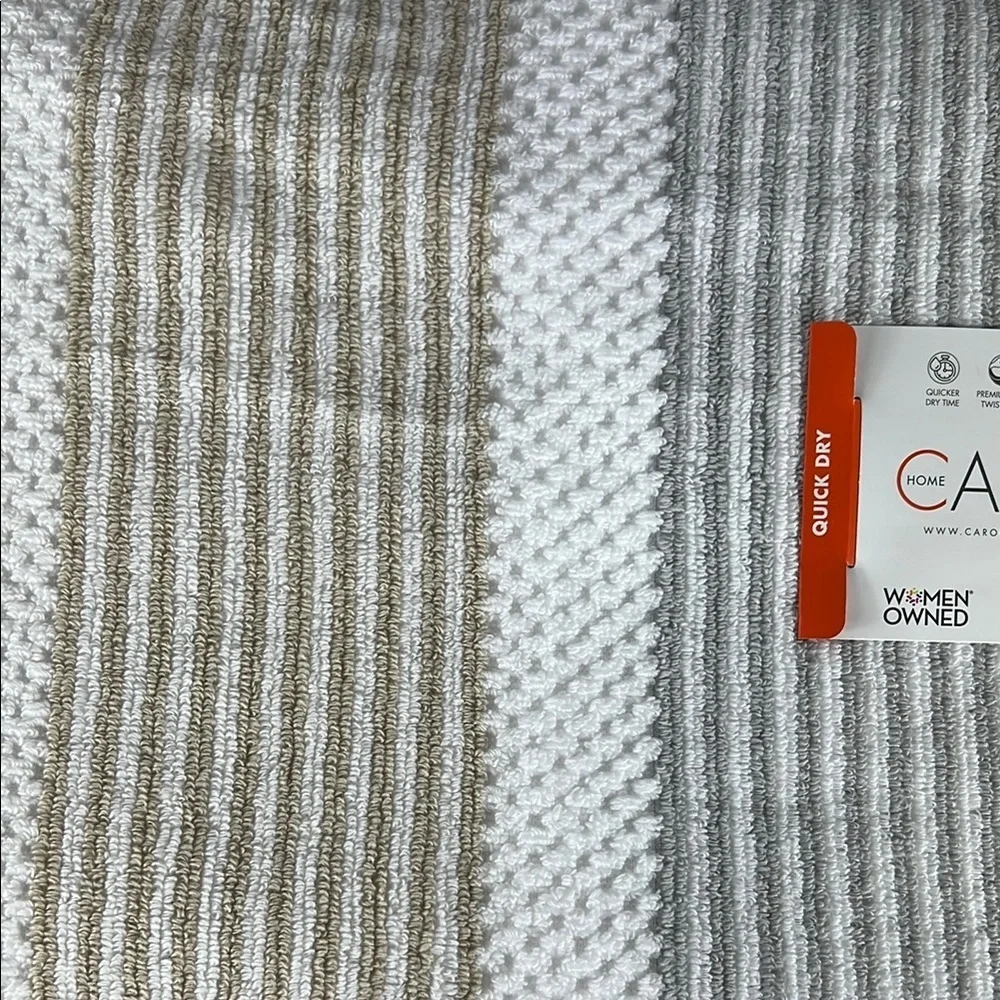 Caro Home Bath Towel Set White Gray Tan Stripe Plush Bath Hand Wash 8 Pc NEW